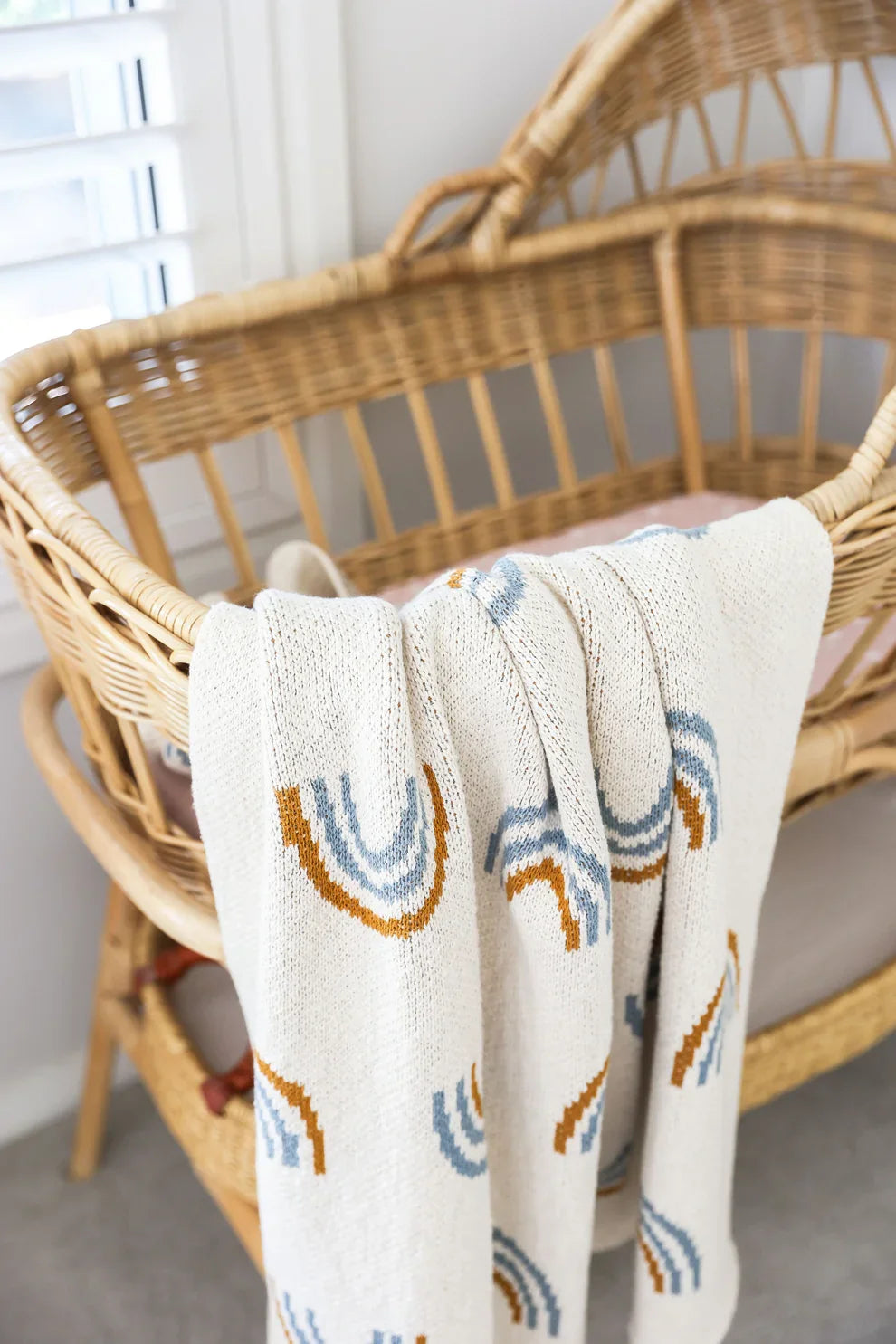 Cream Cotton Knit Baby Blanket with Blue and Ochre Rainbows