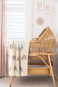 Cream Cotton Knit Baby Blanket with Blue and Ochre Rainbows