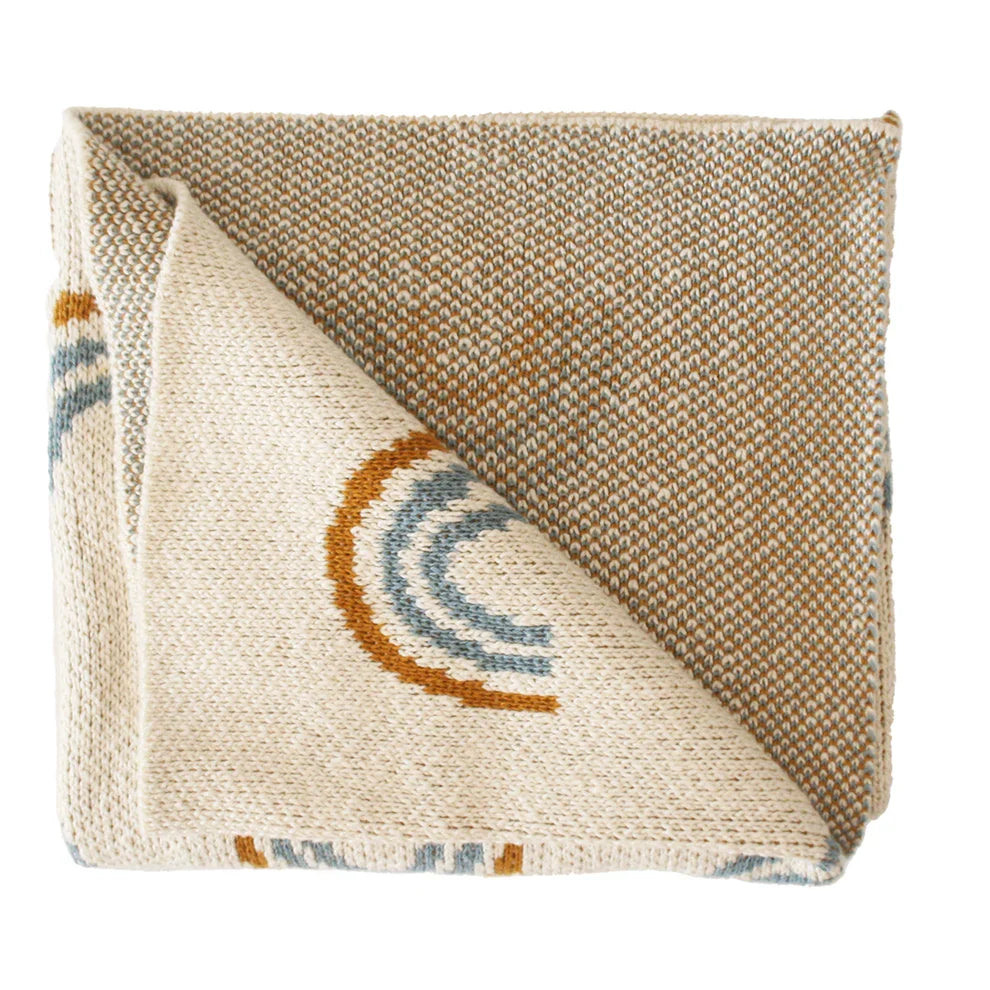 Cream Cotton Knit Baby Blanket with Blue and Ochre Rainbows