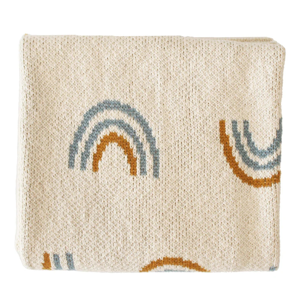 Cream Cotton Knit Baby Blanket with Blue and Ochre Rainbows