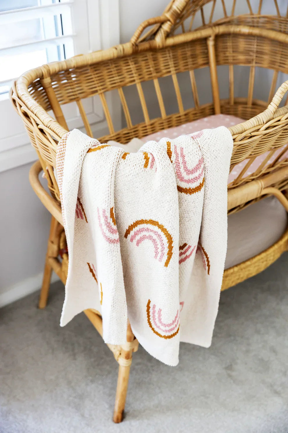 Cream Cotton Knit Baby Blanket with Pink and Ochre Rainbows