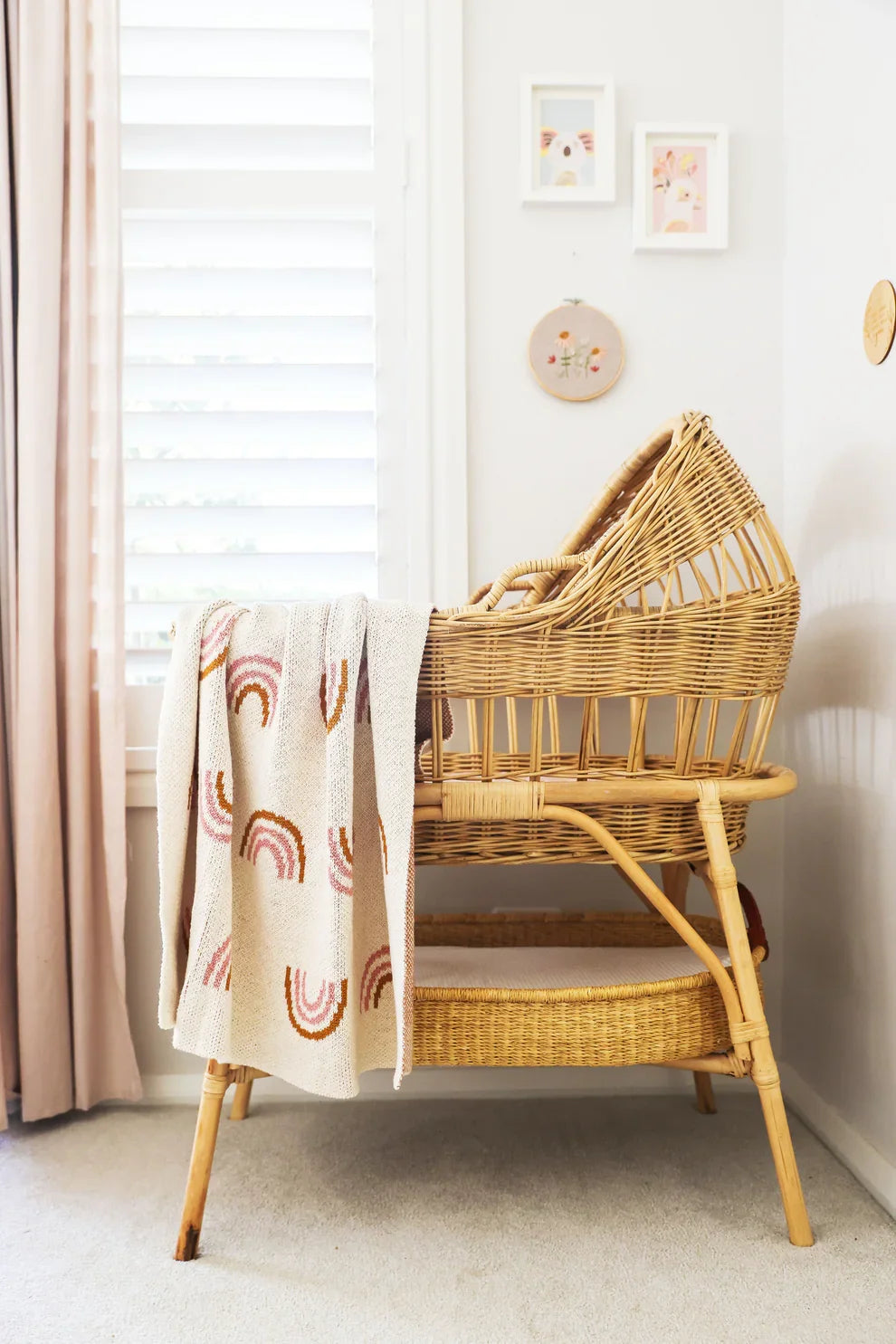 Cream Cotton Knit Baby Blanket with Pink and Ochre Rainbows