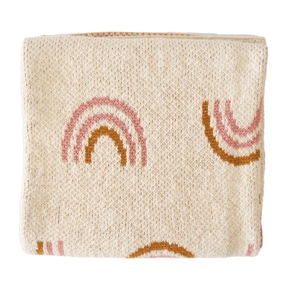 Cream Cotton Knit Baby Blanket with Pink and Ochre Rainbows