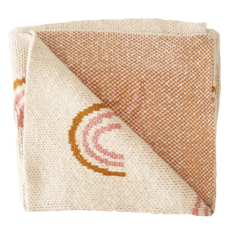 Cream Cotton Knit Baby Blanket with Pink and Ochre Rainbows