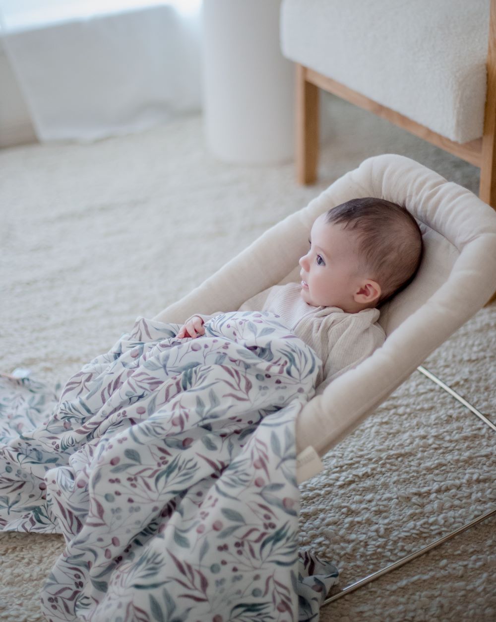White Leaf Print Bamboo Cotton Muslin Lightweight Baby Swaddle Wrap