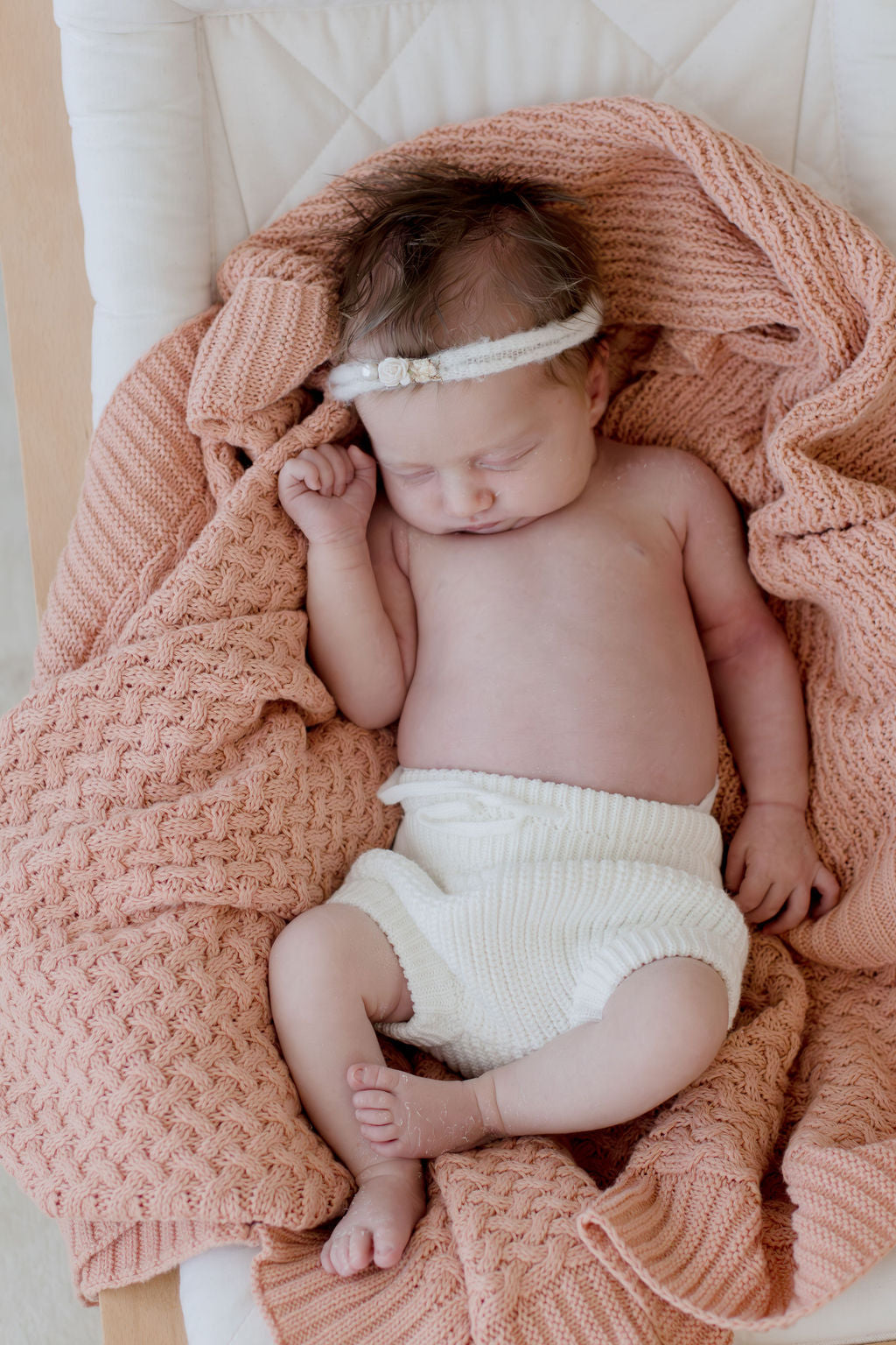 Peach Pink Cotton Baby Blanket with Textured Diamond Knit Pattern