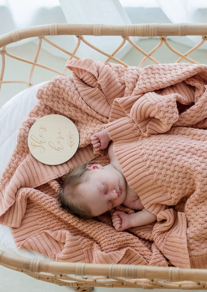 Peach Pink Cotton Baby Blanket with Textured Diamond Knit Pattern