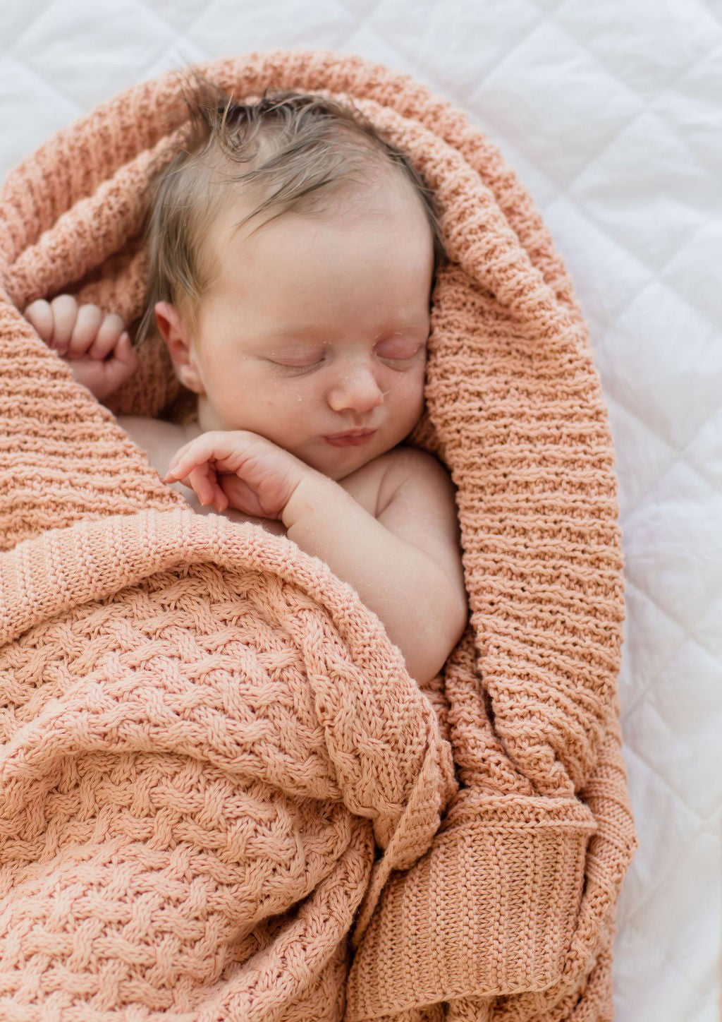 Peach Pink Cotton Baby Blanket with Textured Diamond Knit Pattern
