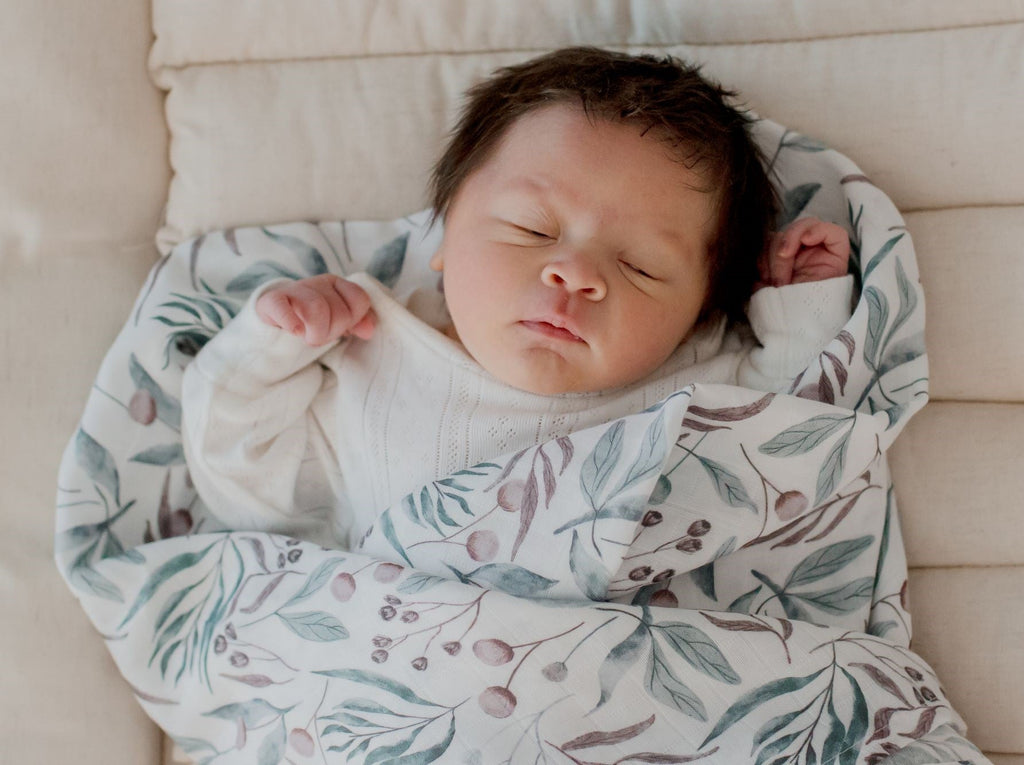 White Leaf Print Bamboo Cotton Muslin Lightweight Baby Swaddle Wrap