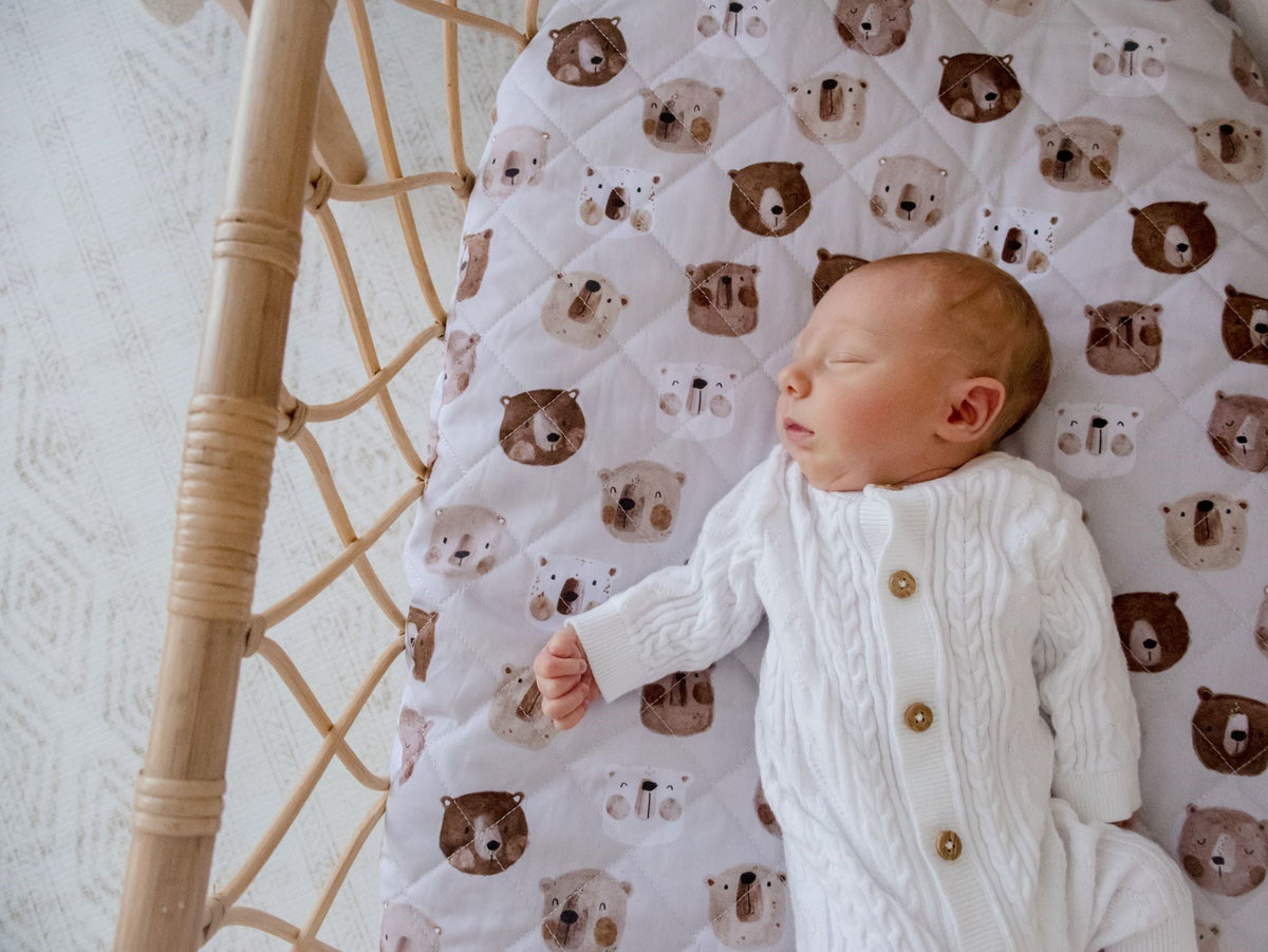 White Bear Print Quilted Cotton Waterproof Fitted Baby Bassinet Sheet