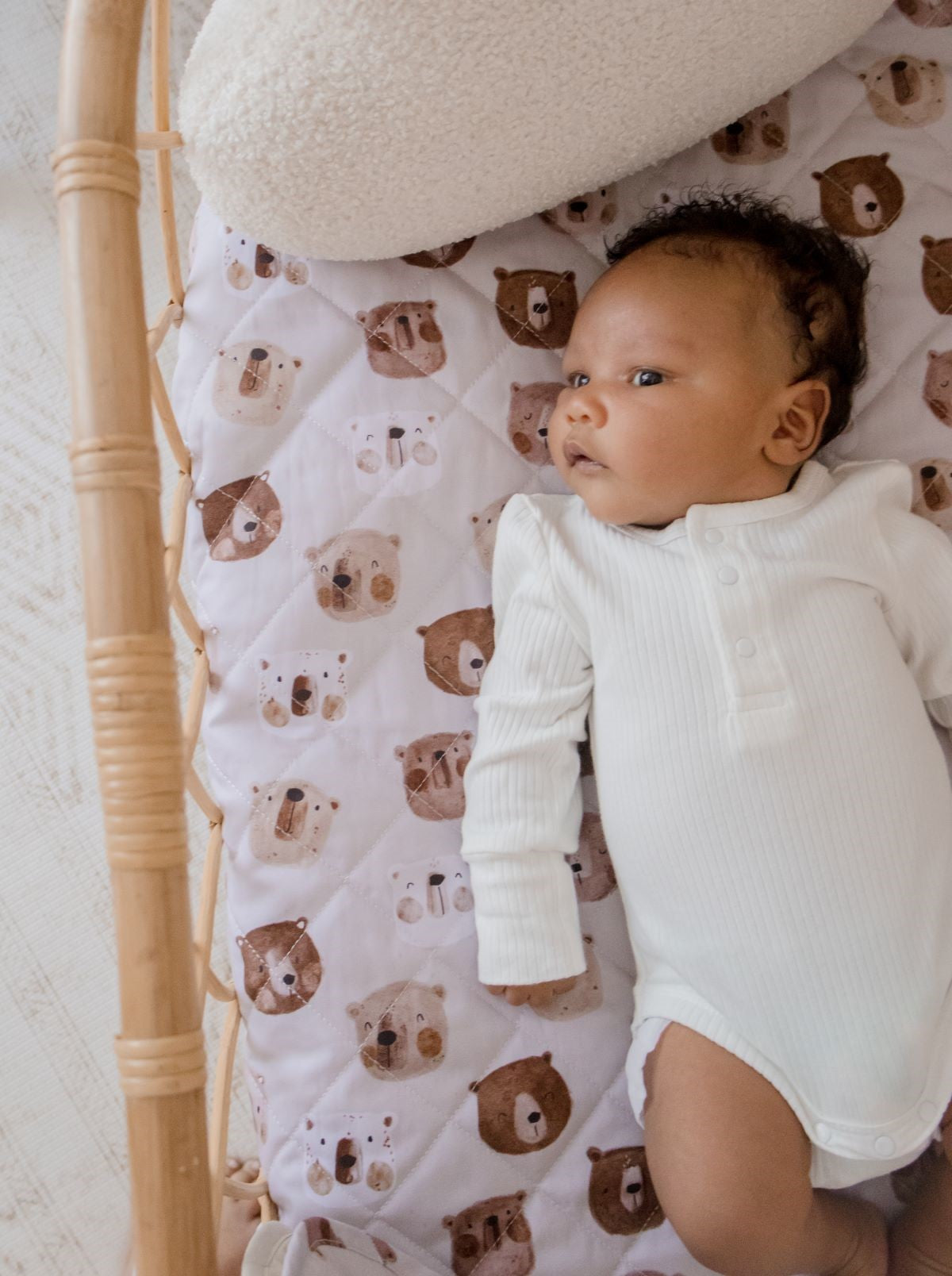 White Bear Print Quilted Cotton Waterproof Fitted Baby Bassinet Sheet