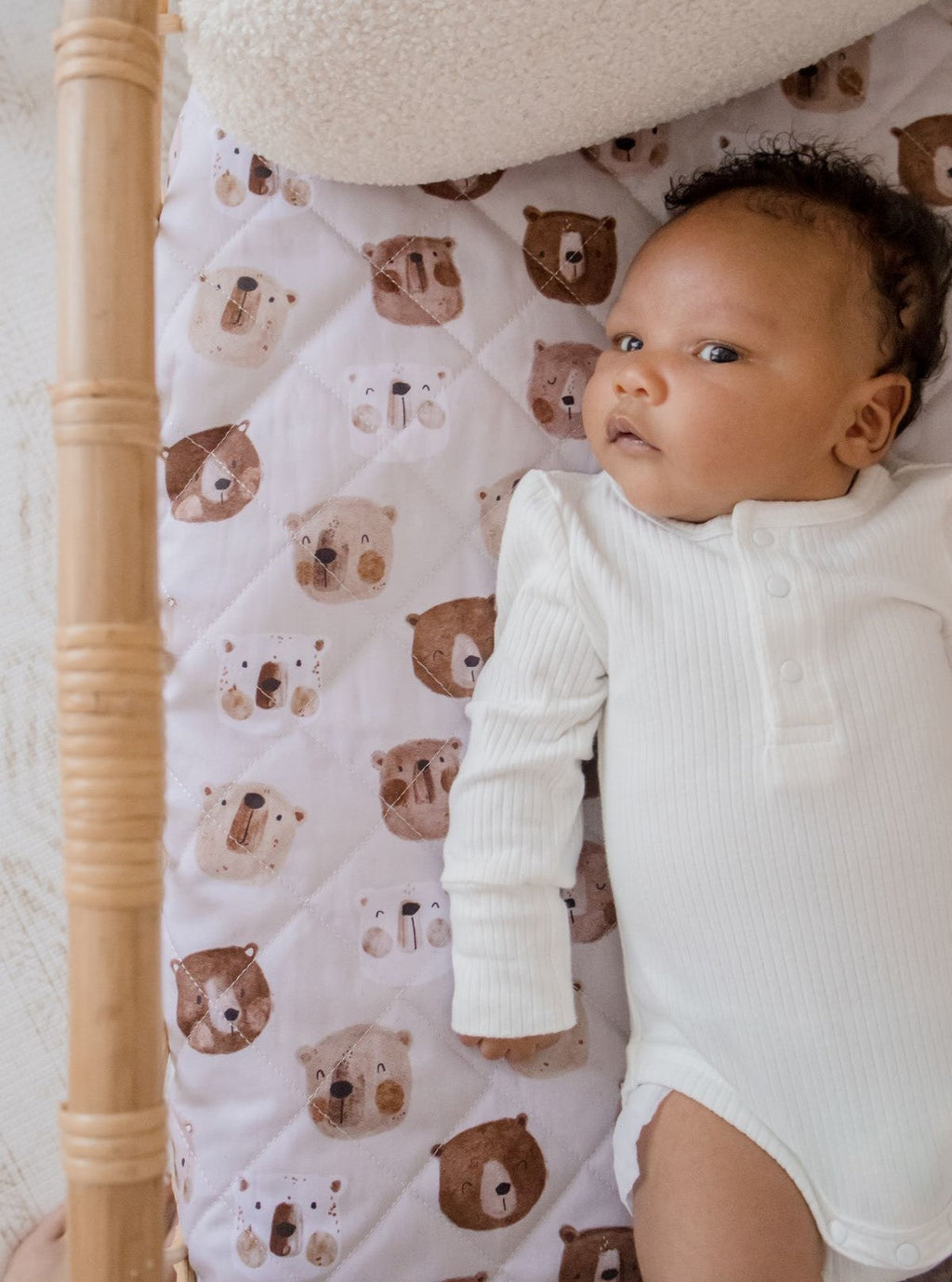 White Bear Print Quilted Cotton Waterproof Fitted Baby Bassinet Sheet