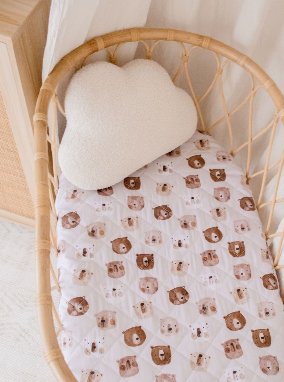 White Bear Print Quilted Cotton Waterproof Fitted Baby Bassinet Sheet