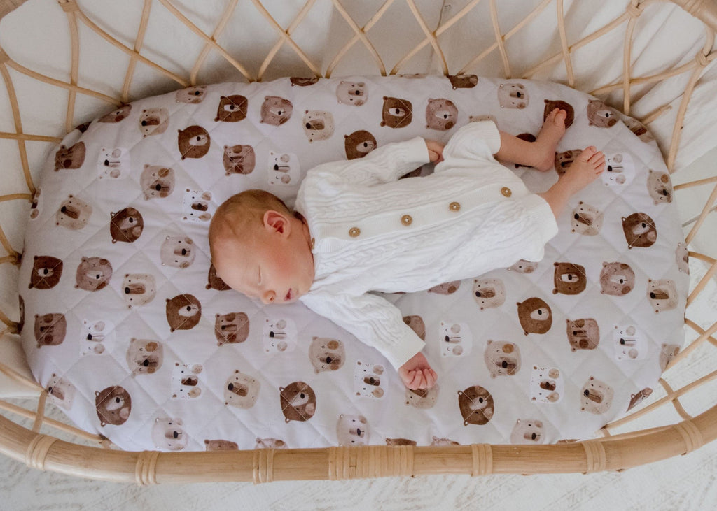 White Bear Print Quilted Cotton Waterproof Fitted Baby Bassinet Sheet
