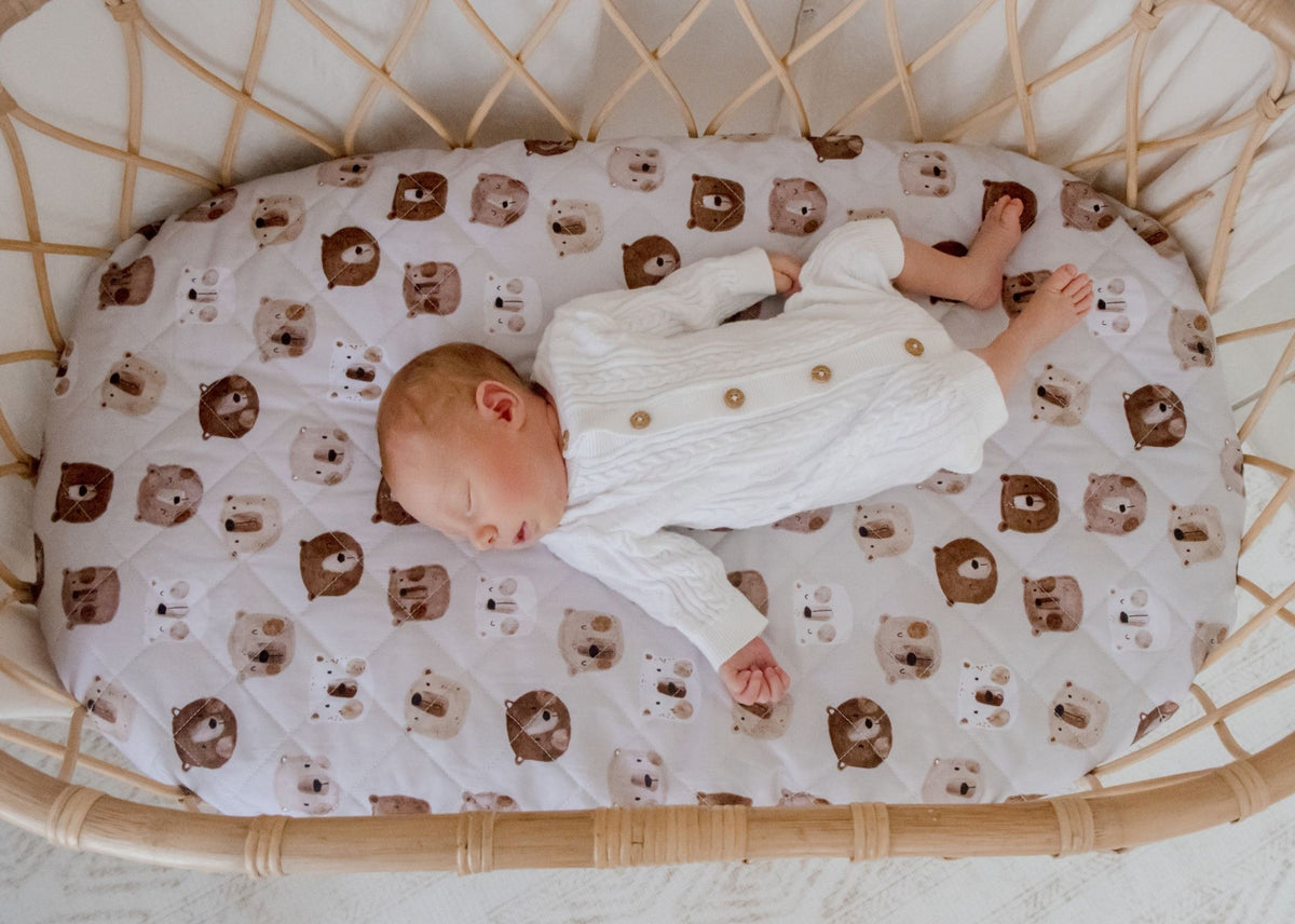 White Bear Print Quilted Cotton Waterproof Fitted Baby Bassinet Sheet
