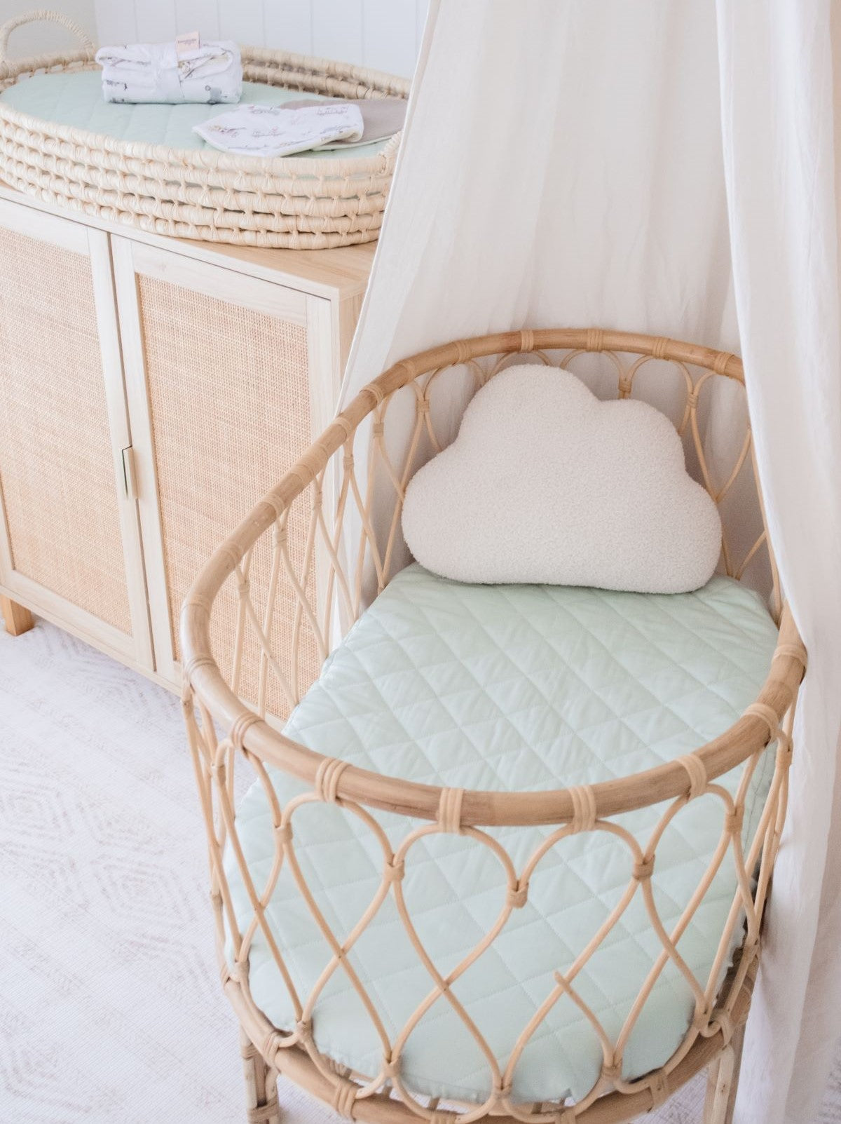 Sage Green Quilted Cotton Waterproof Fitted Baby Bassinet Sheet