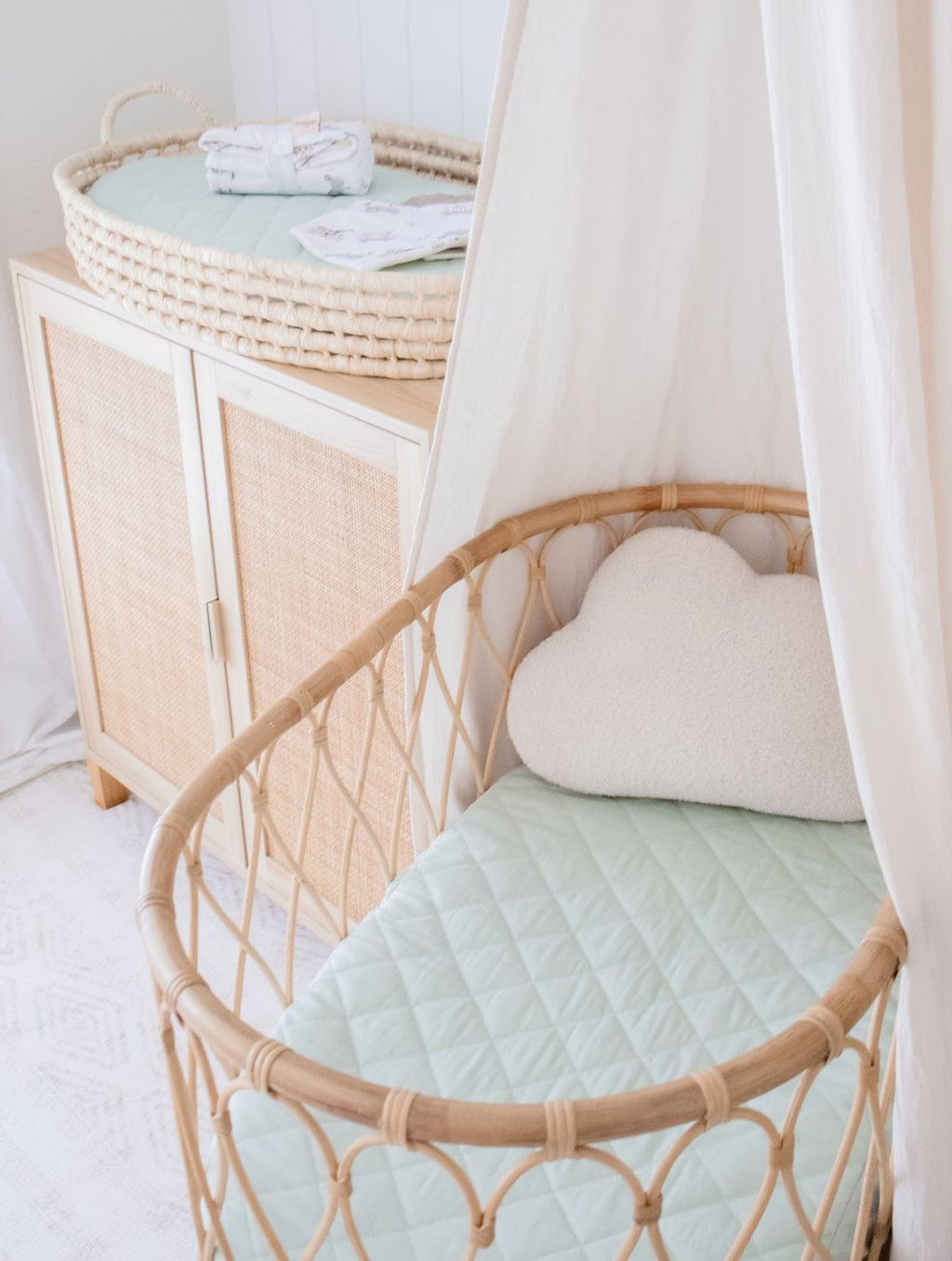 Sage Green Quilted Cotton Waterproof Fitted Baby Bassinet Sheet