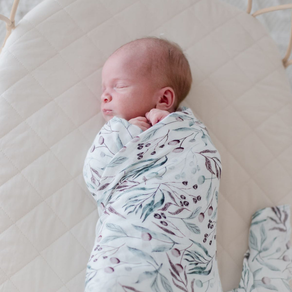 White Leaf Print Bamboo Cotton Muslin Lightweight Baby Swaddle Wrap