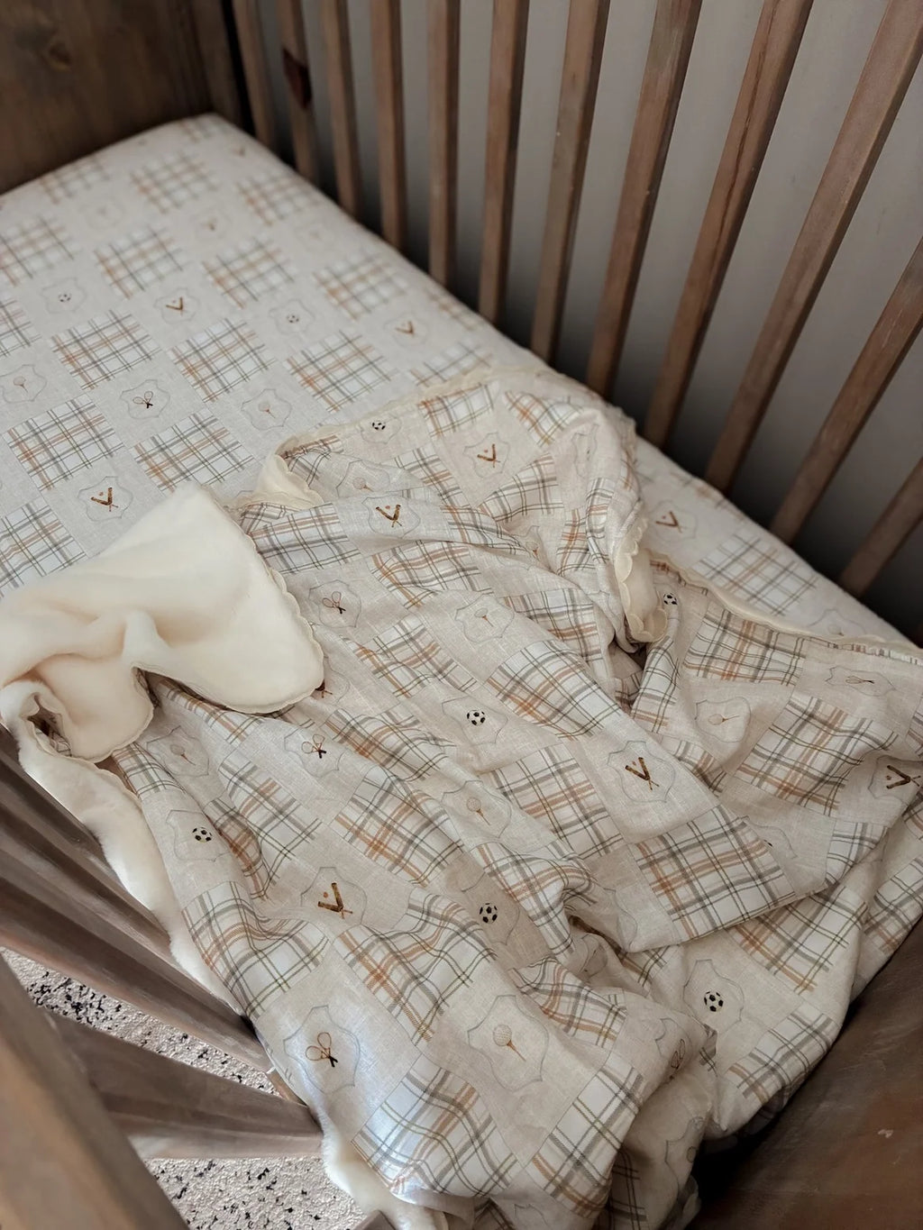 Ivory Sports Plaid Cotton Muslin Baby Blanket with Plush Lining