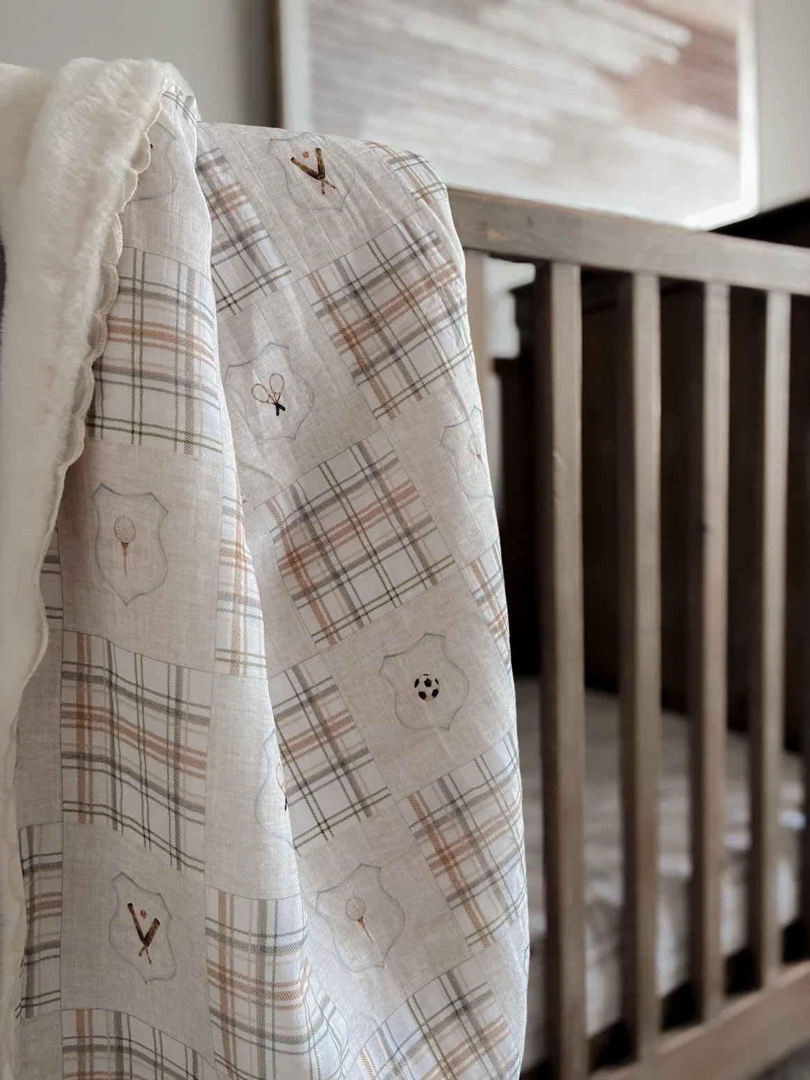 Ivory Sports Plaid Cotton Muslin Baby Blanket with Plush Lining