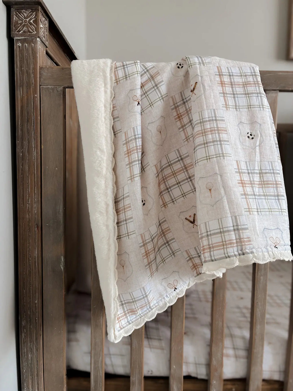 Ivory Sports Plaid Cotton Muslin Baby Blanket with Plush Lining