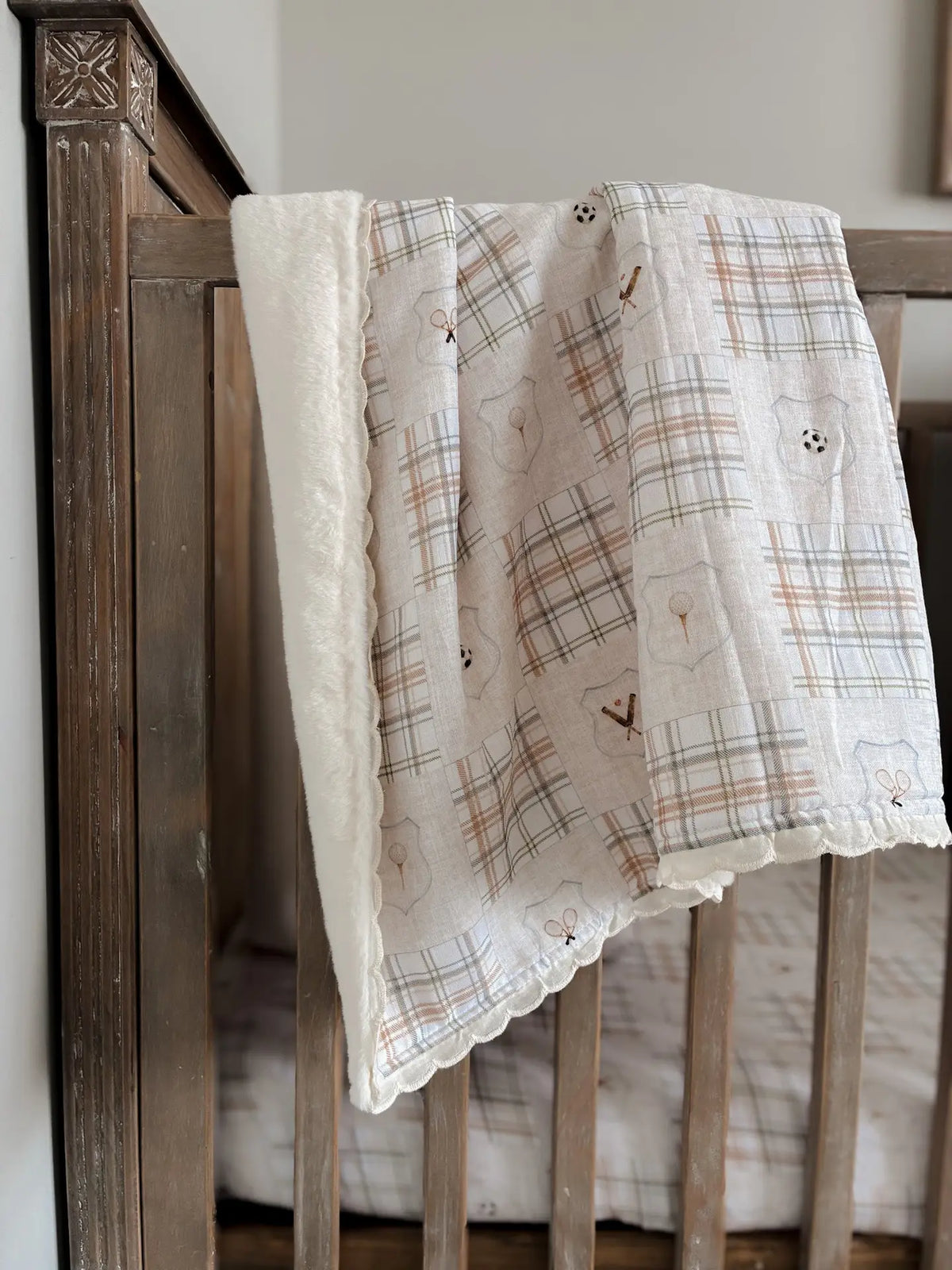 Ivory Sports Plaid Cotton Muslin Baby Blanket with Plush Lining