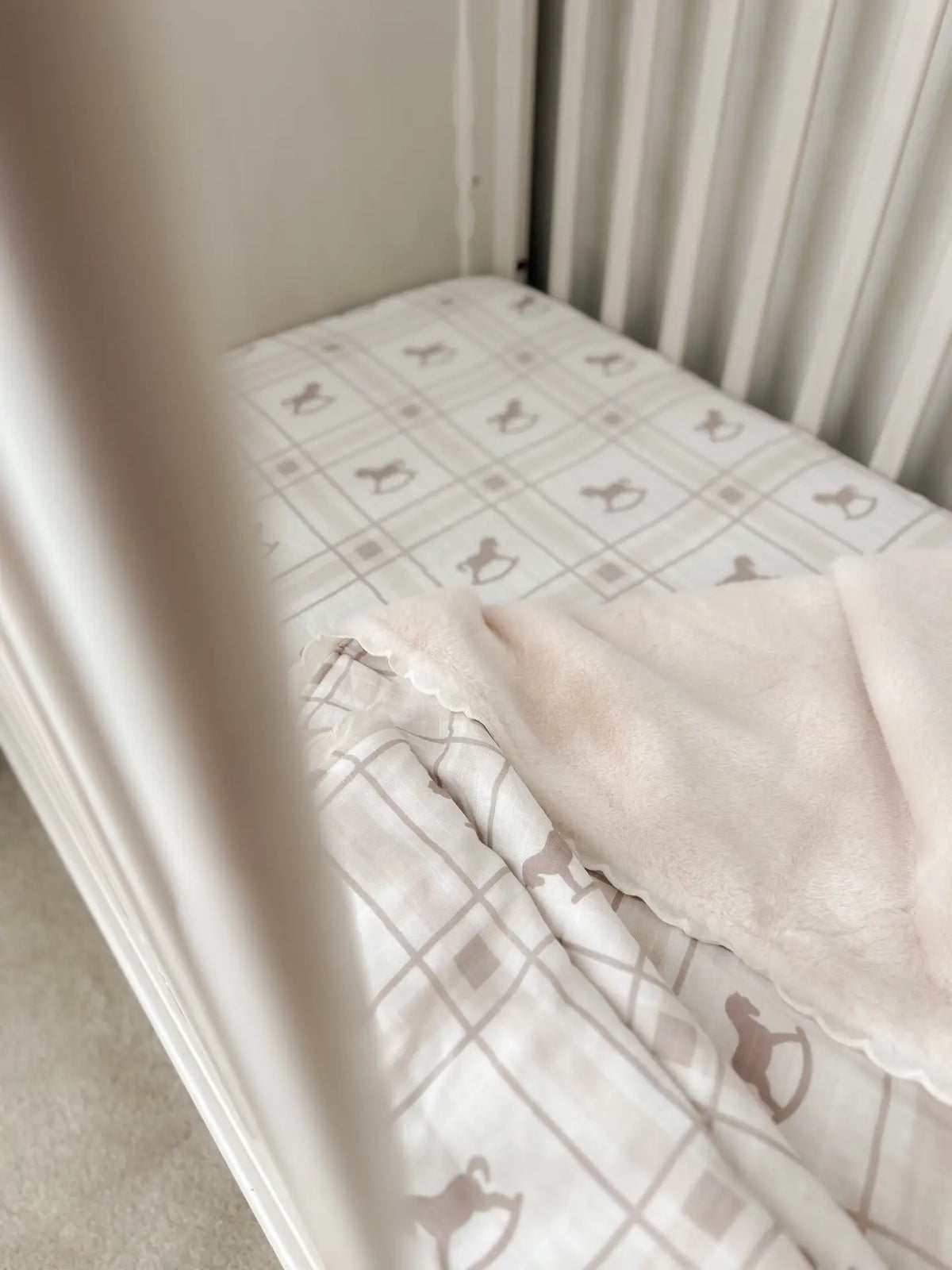 Ivory Rocking Horse Cotton Muslin Baby Blanket with Plush Lining