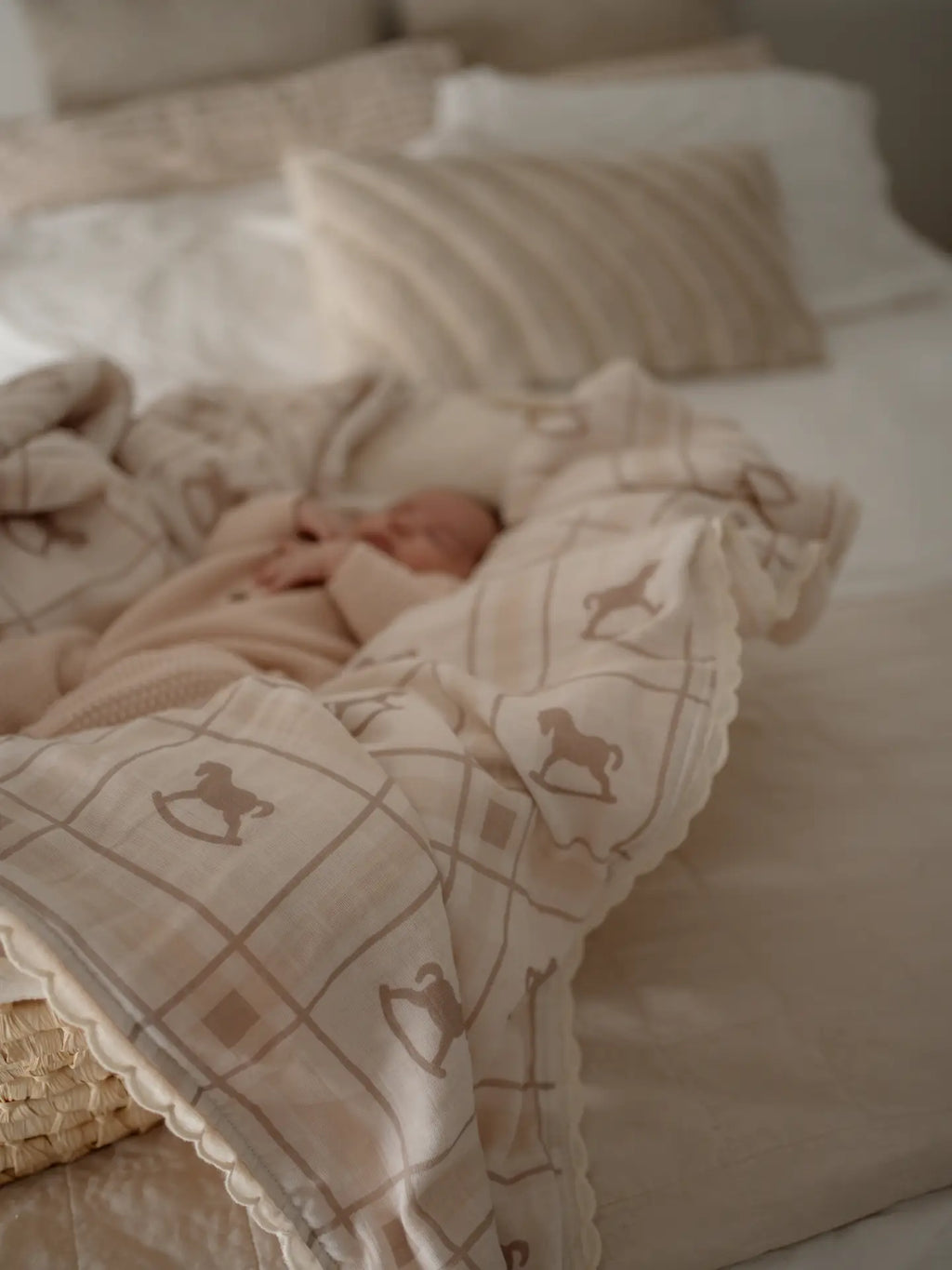 Ivory Rocking Horse Cotton Muslin Baby Blanket with Plush Lining