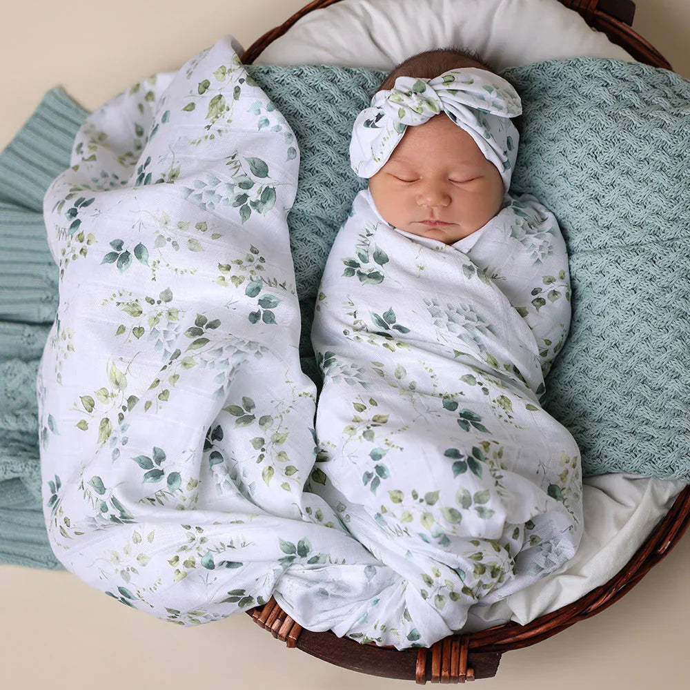 White Green Leaf Organic Cotton Muslin Lightweight Baby Swaddle Wrap