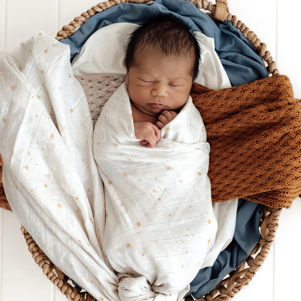 Ivory Gold Star Print Organic Cotton Muslin Baby Swaddle Wrap