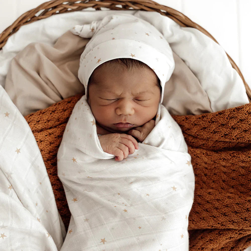 Ivory Gold Star Print Organic Cotton Muslin Baby Swaddle Wrap