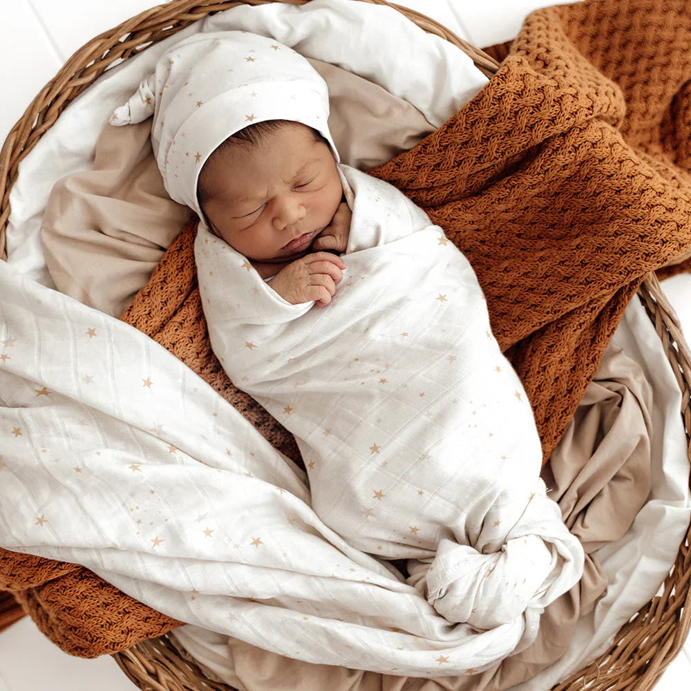 Ivory Gold Star Print Organic Cotton Muslin Baby Swaddle Wrap