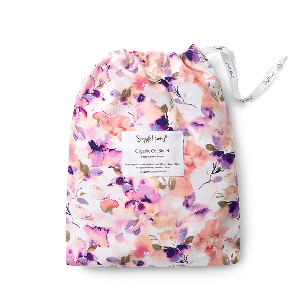 Pink Purple Floral Organic Cotton Jersey Fitted Baby Cot Sheet