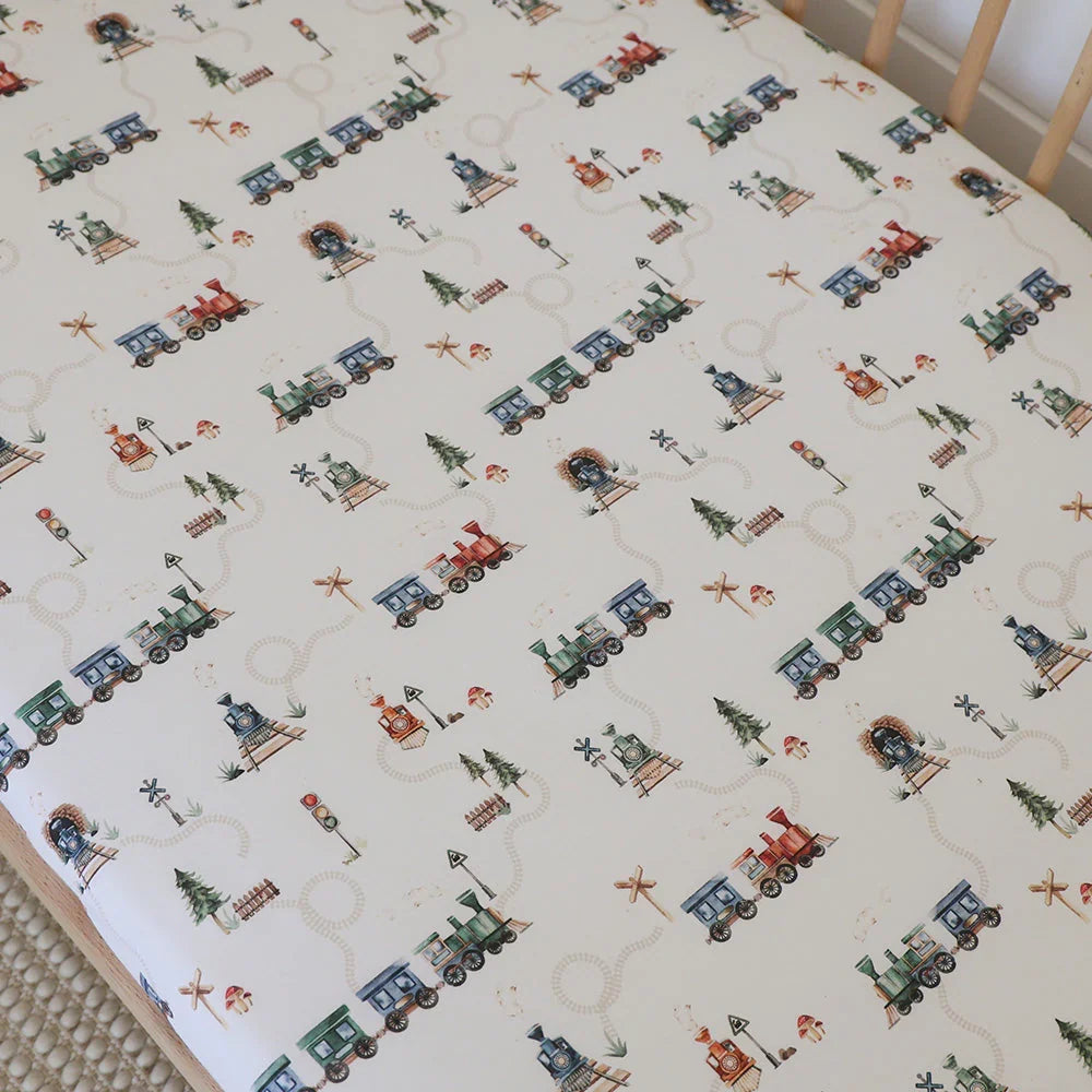 White Train Print Organic Cotton Jersey Fitted Baby Cot Sheet