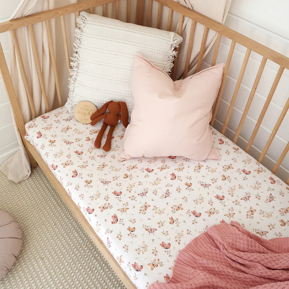 Pastel Butterfly Floral Organic Cotton Jersey Fitted Baby Cot Sheet